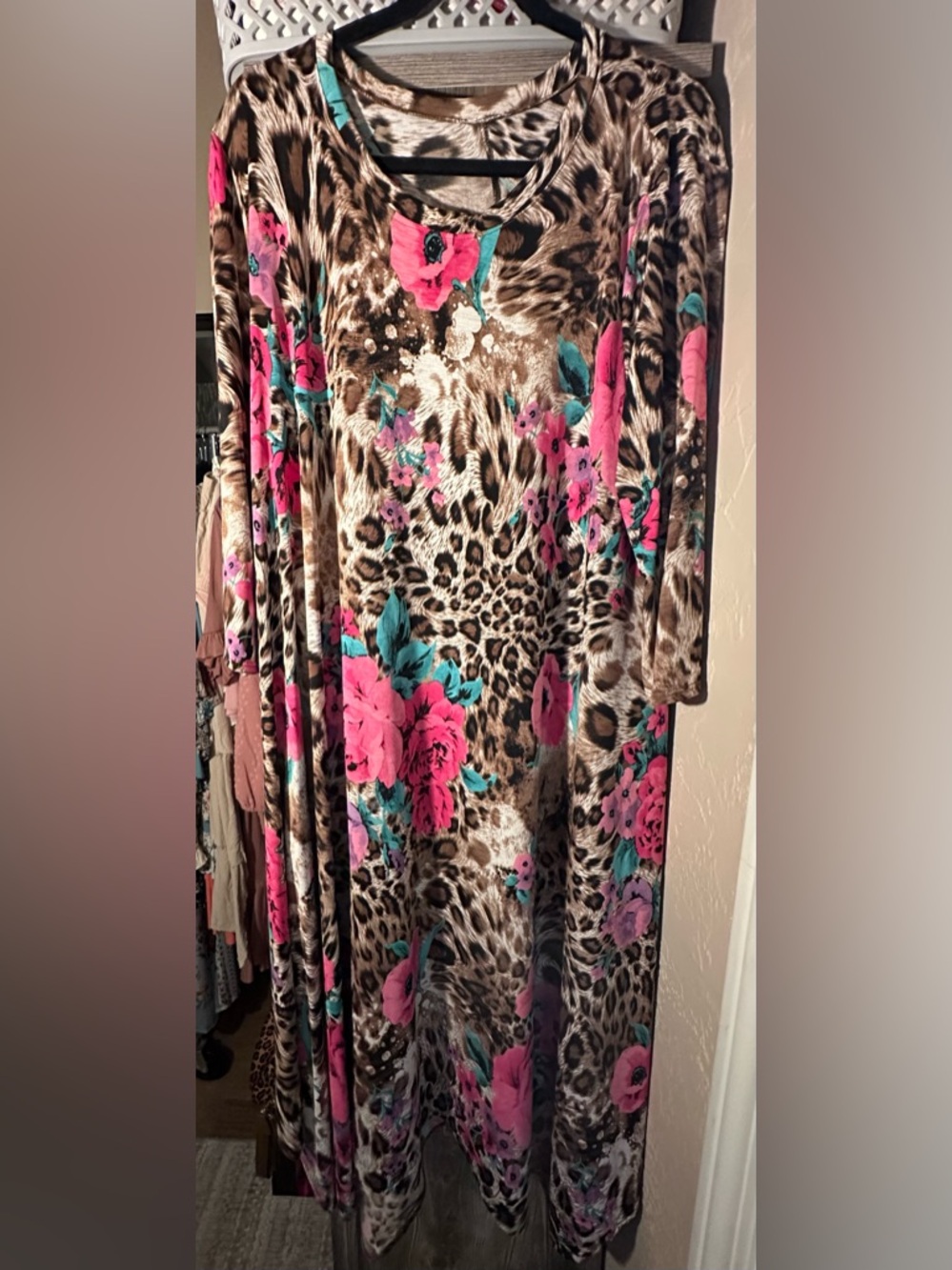Leopard Floral Maxi Dress with Pink & Teal Blooms